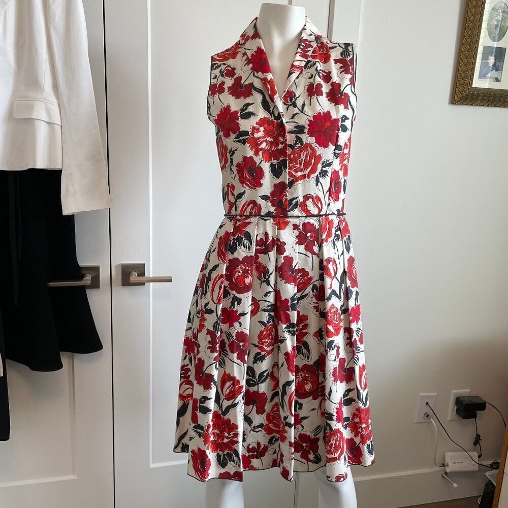 Jil Sander NAVY Designer Fit & Flare Pleated Floral Shirt Dress Ecru Red Sz 34